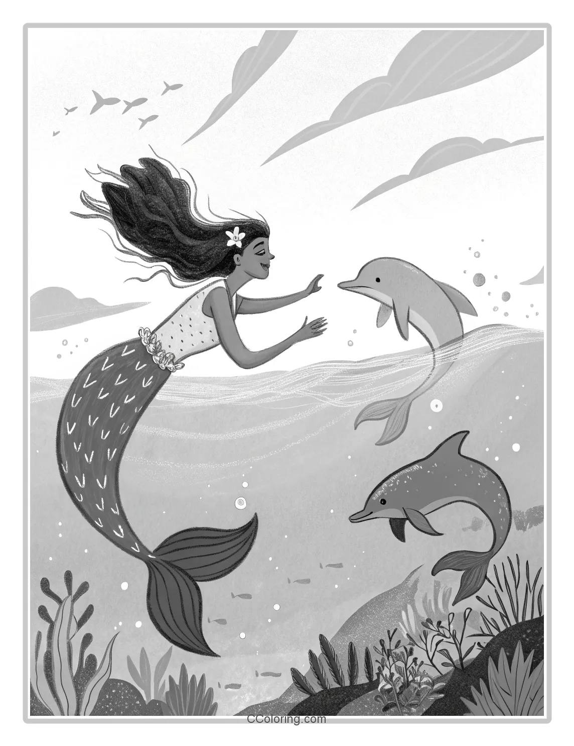 Monochrome Mermaid Scenes with Basic Dolphin Friends